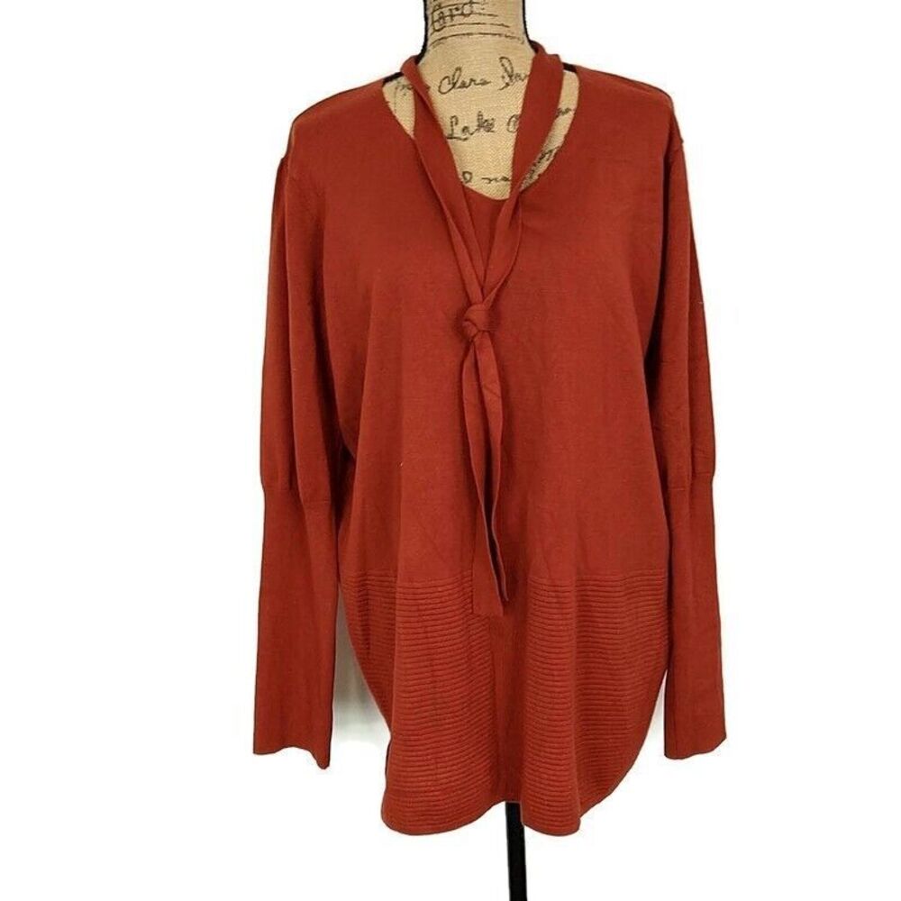 Ashley Stewart Womens sz 26 Sweater Orange Tie Neck Long Sleeve Pullover